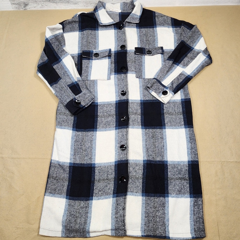 KIRUNDO Shacket Jacket Womens Large Blue White Plaid Long Sleeve Button Up